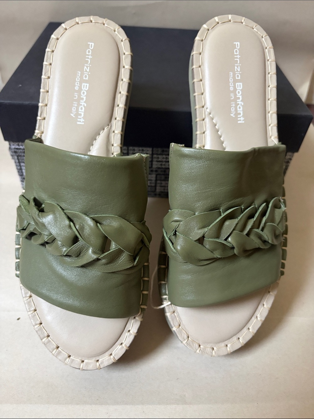 Olive Green Braided Leather Slide Mules -NEW